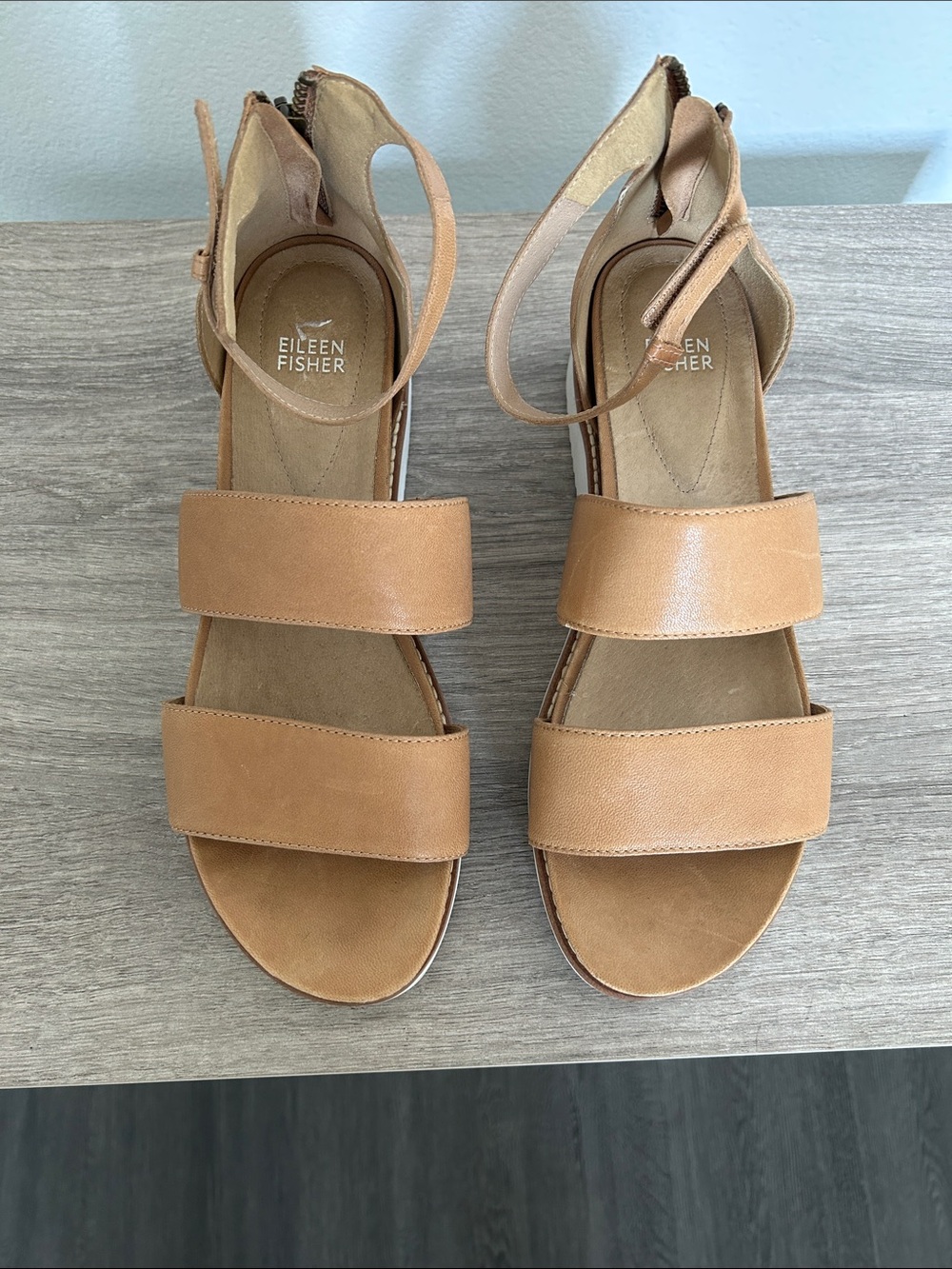 Eileen Fisher Tan Leather Double-Strap Ankle Wrap Sandals